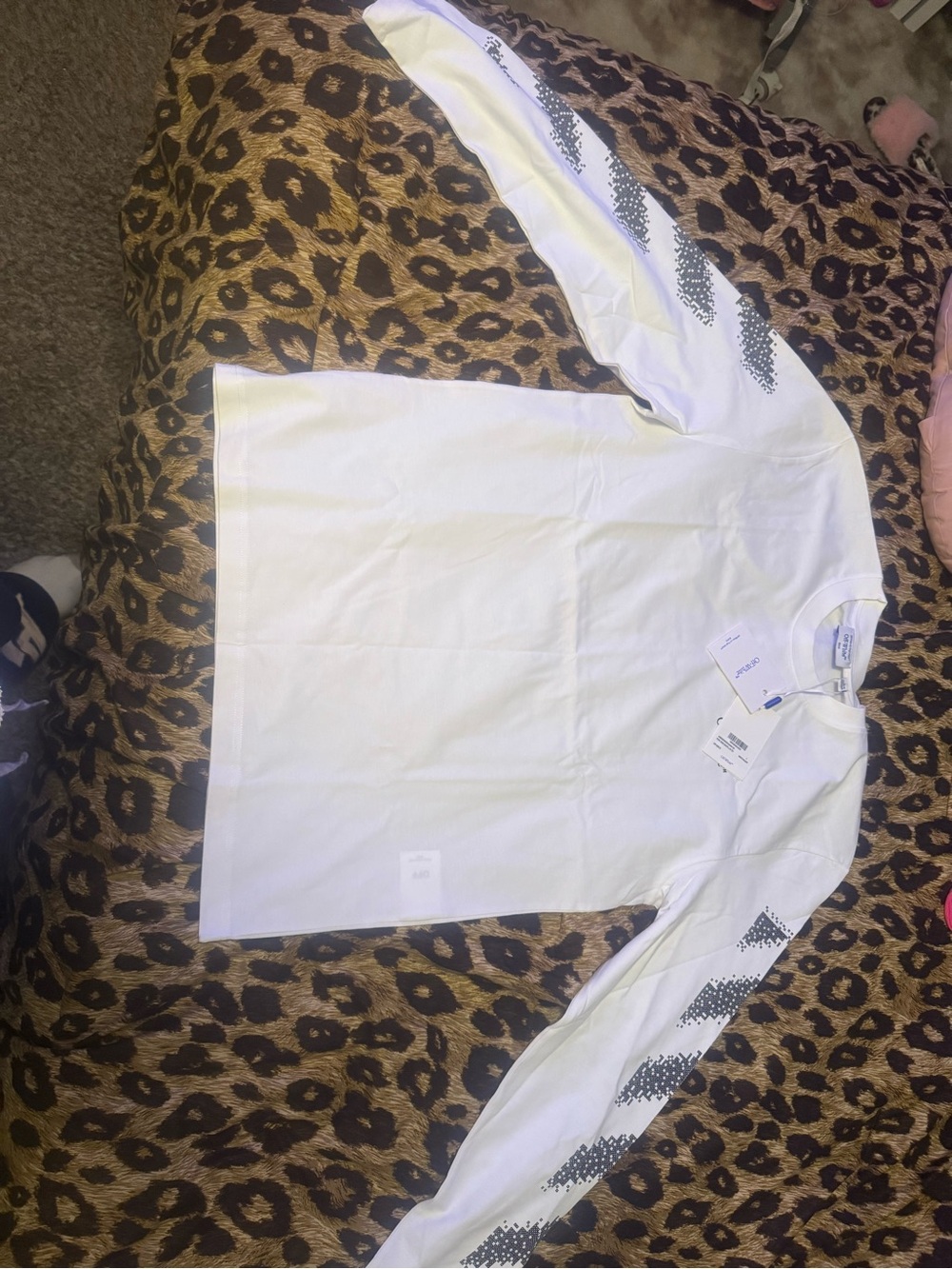 Off-White White Long Sleeve Tee with Black Sleeve Dot Pattern